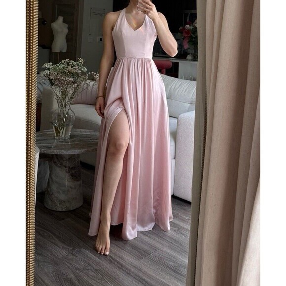 White by Vera Wang Maxi Dress Size 0 Blush Pink Satin Halter Bow Back Bridesmaid - Picture 2 of 12